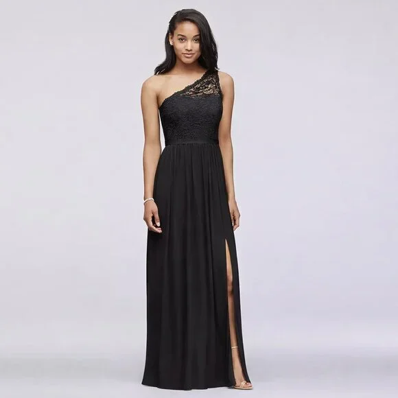 David’s Bridal One Shoulder Long Lace Dress Black Size 10 NWT - Picture 1 of 9